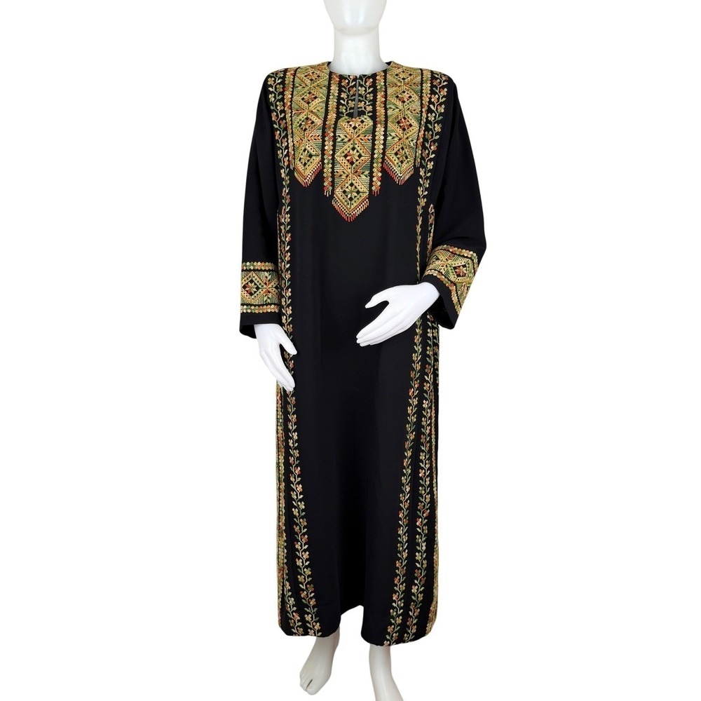 Black Embroidered Abaya Thobe Maxi Dress Floral Geometric Kaftan L/XL